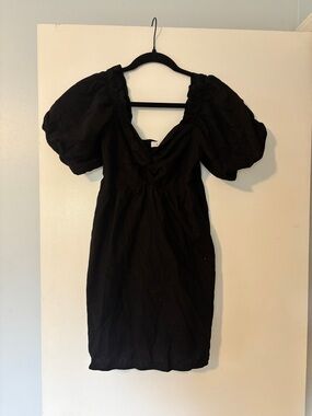 Moodie Black Puff-Sleeve Mini Dress, Size XS